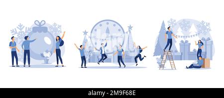 les petites personnes se préparent pour la nouvelle année, sont engagés dans la décoration, l'entreprise au bureau au travail, ensemble de vecteur plat illustration moderne Illustration de Vecteur