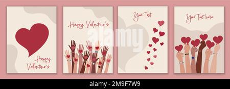 Groupe de mains levées de beaucoup de personnes culture diverse tenant coeur rouge.Valentine's Day concept.Copy espace affiche bannière modèle de page. Brochuew Illustration de Vecteur