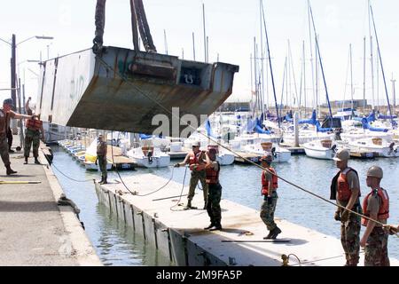 Des soldats DE l'armée AMÉRICAINE (USA) affectés à la compagnie de transport 331st, abaissent une section d'un quai Trident dans l'eau pendant l'exercice TURBO PATRIOT, un exercice conjoint Logistics Over-the-Shore (JLOTS), à Camp Pendleton, Californie (CA). Sujet opération/série: TRUBO PATRIOT base: Base corps de marine Camp Pendleton État: Californie (CA) pays: États-Unis d'Amérique (USA) Banque D'Images