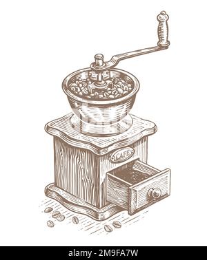 Ancien moulin à café en bois avec poignée pour moudre les grains de café en poudre. Design pour le menu du café. Vecteur d'esquisse Illustration de Vecteur