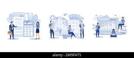 les gens paient des factures via le terminal, le transfert d'argent en ligne, les employés étudient des infographies, définissent un vecteur plat illustration moderne Illustration de Vecteur