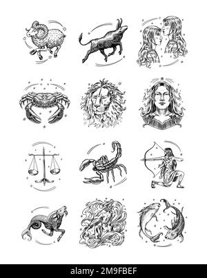 Signes de constellation du zodiaque. Symboles astrologiques. Illustrations de l'horoscope. Personnages féminins magiques, motif Boho. Ancien monochrome gravé à la main Illustration de Vecteur