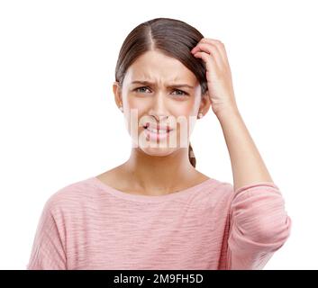 Confuse, la pensée et la femme en studio portrait pour erreur, décision ou problème de choix isolé sur fond blanc. Doute, idée et modèle face et Banque D'Images