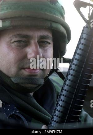 Vue de très près du sergent technique de la Garde nationale aérienne Shane Thrameur de l'escadron des forces de sécurité (SFS) 136th fort Worth (Texas) pendant l'exercice 5A de l'inspecteur général de l'escadre expéditionnaire aérienne 14th (IGX-5A). Objet opération/série: INSPECTEUR GÉNÉRAL EXERCICE-5A base: Gulfport État: Mississippi (MS) pays: États-Unis d'Amérique (USA) Banque D'Images