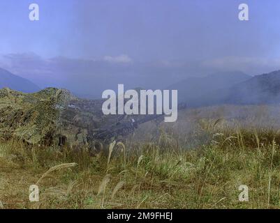 La grande herbe et les filets de camouflage font une excellente dissimulation alors que les Marines des États-Unis du 3rd Bataillon, 12th Marine Regiment, 3D Marine Division incendient le M198 155mm Howitzer tracté à la position de canon 10, East Camp Fuji, Japon. Cette zone d'entraînement fait partie du tir de déplacement de neuf jours de tir de l'unité, conçu pour améliorer les compétences de spécialité militaire dans le domaine de l'artillerie. Sujet opération/série: FOAL EAGLE 2000 base: Base du corps marin, Camp Fuji État: Honshu pays: Japon (JPN) Banque D'Images