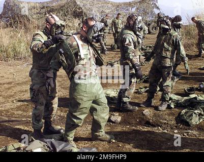 LES Marines DES ÉTATS-UNIS du 3rd Bataillon, 12th Marine Regiment, 3D Marine Division, effectuent un exercice d'engins de niveau 4 (MOPP-4) de la posture de protection orientée mission à la position 99 du canon, East Camp Fuji, Japon. Cette zone d'entraînement fait partie du tir de déplacement de neuf jours de tir de l'unité, conçu pour améliorer les compétences de spécialité militaire dans le domaine de l'artillerie. Sujet opération/série: FOAL EAGLE 2000 base: Base du corps marin, Camp Fuji État: Honshu pays: Japon (JPN) Banque D'Images