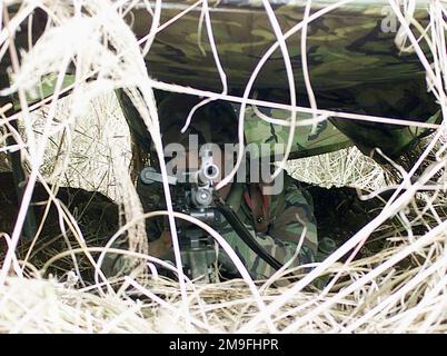 Vue de l'extérieur du bunker, à la position 99 du canon, East Camp Fuji, Japon, en tant que caporal du corps des Marines des États-Unis (CPL), Charles Kell, 3rd Bataillon, 12th Marine Regiment, 3rd Marine Division, Vise son canon M240G monté sur trépied. Partie de la séance de déplacement de neuf jours de tir de l'unité, conçue pour améliorer les compétences de spécialité militaire dans le domaine de l'artillerie. Sujet opération/série: FOAL EAGLE 2000 base: Base du corps marin, Camp Fuji État: Honshu pays: Japon (JPN) Banque D'Images