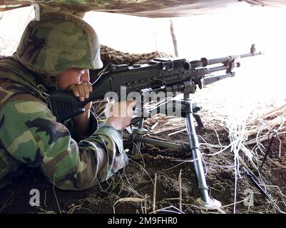 US Marine corps Caporal (CPL), Charles Kell, 3rd Bataillon, 12th Marine Regiment, 3D Marine Division, Se trouve à l'intérieur de sa position de bunker en orientant le canon à machine M240G monté sur trépied. Partie de la séance de déplacement de neuf jours de tir de l'unité, conçue pour améliorer les compétences de spécialité militaire dans le domaine de l'artillerie, à la position de canon 99, camp est Fuji, Japon. Sujet opération/série: FOAL EAGEL 2000 base: Base du corps marin, Camp Fuji État: Honshu pays: Japon (JPN) Banque D'Images