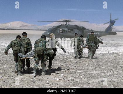 LES soldats DE l'Armée DE l'Air DES ÉTATS-UNIS ont secouru l'escadre de sauvetage aérien de 129th, Moffett Field, Mountain View, Californie, Et les Commandos chiliens de la Fuerza Aerea de Chile transportent des victimes d'un accident simulé vers un hélicoptère chilien UH-60 Blackhawk pour le transport vers un centre médical dans le désert d'Atacama établi par le personnel de la Garde nationale aérienne de Californie et du centre médical Wilford Hall, base aérienne de Lackland, Texas, pendant l'exercice CHILI TCA 2000. L'événement, qui fait partie d'un échange datant de 1995, a été conçu pour tester l'interopérabilité des forces américaines et chiliennes en cas de catastrophe. Opération/série du sujet Banque D'Images