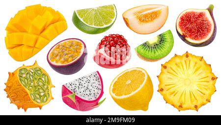 Tranches de fruits exotiques isolées sur fond blanc, collection Banque D'Images
