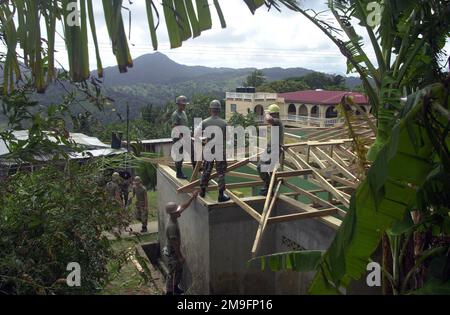 Les membres du 8th Engineer support Battalion, 2nd Fleet Service support, Charlie Company, travaillent à ajouter des supports de toiture au centre communautaire qu'ils sont en train de rénover pour les gens de Babonneau, Sainte-Lucie, à l'appui de l'opération NOUVEAUX HORIZONS. Environ 100 membres de la Marine, de l'Armée de terre et de la Force aérienne ont été déployés à Sainte-Lucie dans le cadre de New Horizons. L'opération a une mission à deux volets de formation à l'état de préparation et d'assistance humanitaire dans les Caraïbes et en Amérique latine. Objet opération/série: NOUVEAUX HORIZONS base: Babonneau pays: Sainte-Lucie (LCA) Banque D'Images