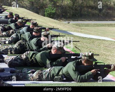 Lors des matchs de la division extrême-Orient à Camp Hansen, Okinawa, Japon, les Marines armés de M16 fusils sur la ligne attendent avec impatience que leurs cibles apparaissent avant de tirer en déportée lors d'un tir rapide. Les matchs de la division extrême-Orient ont lieu chaque année pour déterminer qui sera sélectionné pour le Championnat du corps des Marines. Base : base du corps marin, Camp Hansen État : Okinawa pays : Japon (JPN) Banque D'Images