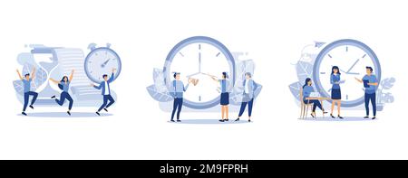 Times is Money, Date limite de travail personnes avec grand concept d'horloge, concept de gestion du temps de travail, définir un vecteur plat illustration moderne Illustration de Vecteur