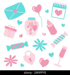 St. Ensemble Saint-Valentin. Coeurs, serrure en forme de coeur, bonbons, ballon, enveloppe et fleurs et autres icônes sur blanc Illustration de Vecteur