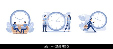 Homme et femme assis sur un canapé et travaillant sur un ordinateur portable, Un homme et une femme près d'une grande horloge, l'homme court après l'horloge, définir le mode vectoriel plat Illustration de Vecteur