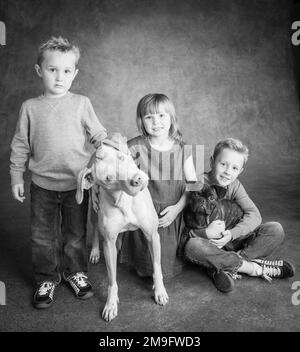 Portrait en studio de frères et sœurs avec Pug Bulldog Mix et Lab Hound Mix Banque D'Images