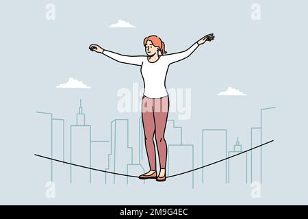 Jeune femme équilibriste marchant sur corde dans l'air. Marcheur femelle engagé dans une activité physique extrêmement sportive. Concept de passe-temps. Illustration vectorielle. Illustration de Vecteur