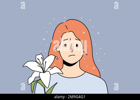 Malheureuse malade jeune femme avec le nez rouge souffrent d'allergie de fleur. Une jeune fille malade lutte avec une réaction allergique au pollen. Concept de soins de santé. Illustration vectorielle. Illustration de Vecteur