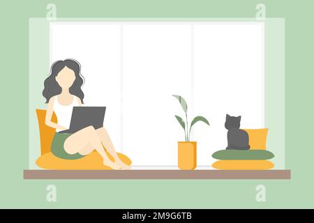 Femme indépendante assise sur un rebord de fenêtre et travaillant sur un ordinateur portable. Illustration vectorielle. Illustration de Vecteur