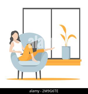 Femme se détendant dans un fauteuil avec un ordinateur portable. Illustration vectorielle. Illustration de Vecteur