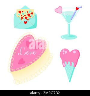 Ensemble de Saint-Valentin à motif vectoriel. Enveloppe avec coeurs, martini, gâteau et glace Illustration de Vecteur