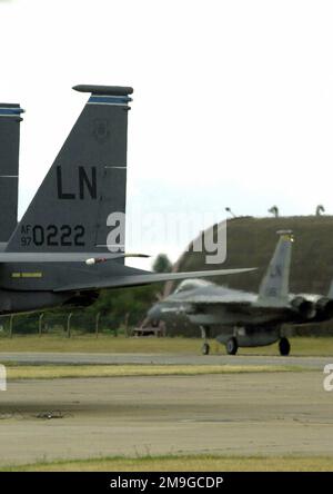 Un aigle F15C du 493rd Fighter Squadron, 48th Fighter Wing, de la Royal Air Force Lakenheath, au Royaume-Uni, passe la queue d'un aigle F-15E Strike tandis qu'il se jette sur la piste pour le décollage. Un aigle F15C du 493rd Fighter Squadron, 48th Fighter Wing, de la Royal Air Force Lakenheath, au Royaume-Uni, passe la queue d'un aigle F-15E Strike tandis qu'il se jette sur la piste pour le décollage. Banque D'Images