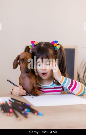 adorable petite fille tire avec son ami chien dachshund. Enfants et animaux. Chiens acceptés Banque D'Images