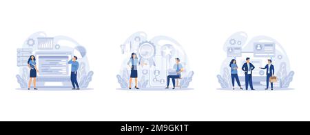 Ensemble DE la profession INFORMATIQUE. Le programmeur écrit le logiciel et crée le code pour l'ordinateur. Script d'encodage pour le projet et l'application, définir l'illustration moderne à vecteur plat Illustration de Vecteur