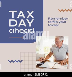 Composition du texte du jour d'imposition sur un homme caucasien âgé avec calculatrice et documents Banque D'Images