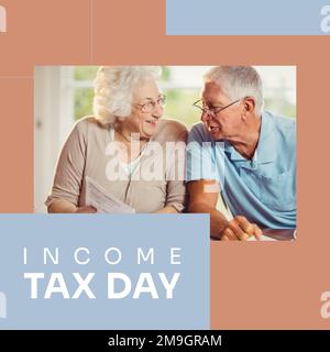 Composition du texte du jour d'imposition sur le couple caucasien principal avec les documents Banque D'Images