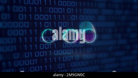 Image des cercles de néon sur le code binaire sur l'écran numérique Banque D'Images