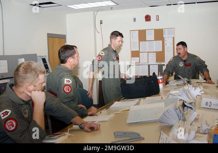 Le major Dennis Hayward, USAF (à droite) donne un briefing SOF (Superviseur de vol) aux membres d'équipage de l'aile de ravitaillement en vol 155th, de la Garde nationale aérienne du Nebraska, avant leur déploiement, pour soutenir l'opération ENDURING FREEDOM. Objet opération/série: ENDURING FREEDOM base: Lincoln Municipal Airport État: Nebraska (ne) pays: États-Unis d'Amérique (USA) scène Major Command montré: AMC/ANG Banque D'Images