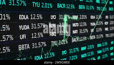 Image du marché boursier avec graphique et flèches sur fond noir Banque D'Images