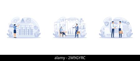 Analyse de marché, advizor financier, gestion des relations avec la clientèle métier ensemble. Man analyse les documents, définit l'illustration moderne à vecteur plat Illustration de Vecteur