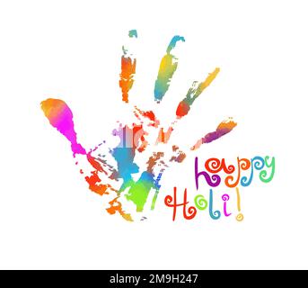 Affiche du festival Holi carte de souhaits avec une touche de couleurs, un imprimé à la main et un massage Illustration de Vecteur