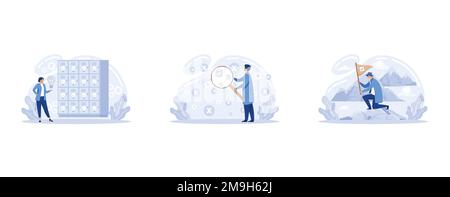 Réalisation des objectifs. Trouver les bonnes solutions. Mise en place de bannières de gestion des idées. Jusqu'à l'objectif. Ambition. Diagramme de chemin vers la cible. A Illustration de Vecteur