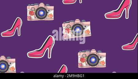Illustration de stilettos et d'appareils photo anciens sur fond violet, espace de copie Banque D'Images