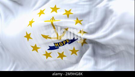 Gros plan du drapeau de l'État du Rhode Island. Ancre d'or au centre entourée de treize étoiles d'or. Tissu ondulé. Arrière-plan texturé. Sélé Banque D'Images