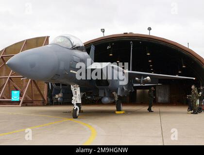 020314-F-9032T-015. [Complete] Scene Caption: Les chefs d'équipage du 492nd Fighter Squadron (FS), 48th Fighter Wing (FW), Royal Air Force Lakenheath, Royaume-Uni, passent les contrôles finaux avant de lancer un F-15E Strike Eagle. À bord de l'Eagle se trouvent le lieutenant-colonel pilote (LCOL) Scott Purdie, USAF, et le vice-maréchal de l'air Philip Sturley, CHEF adjoint de L'ÉTAT-MAJOR de la Force aérienne au ministère de la Défense, qui reçoit une séance d'orientation. Le vice-maréchal de l'air Sturley a été invité de Londres par le général de division (MGÉN) Kenneth Hess, commandant de l'USAF, 3rd Air Force, à visiter la RAF Mildenhall et à se mettre sous séquestre Banque D'Images