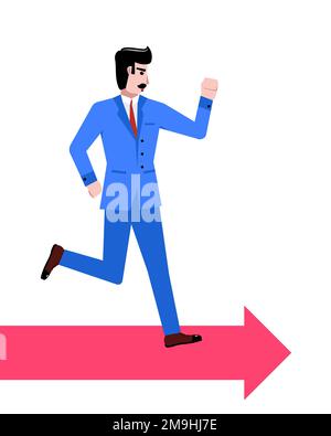 Homme d'affaires en costume bleu courant sur flèche avec espace vide pour le texte isolé sur fond blanc. Concept d'affaires, carrière, innovations Illustration de Vecteur