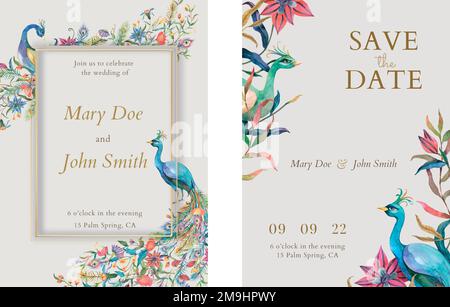 Vecteur de modèles de carte d'invitation modifiable avec illustrations de paons et de fleurs aquarelles Illustration de Vecteur
