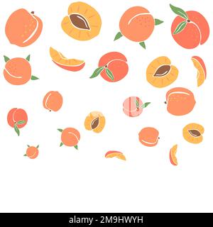 Arrière-plan avec pêches de couleur. Fruits et feuilles décoratifs. Illustration de Vecteur