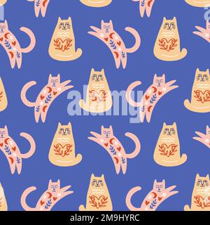 Motif sans coutures pour chats Folk art tendance Illustration de Vecteur