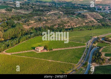 Haro, Espagne - 6 juin 2020 : vignoble et cave de vinification sur les rives de l'Ebro, à côté de la ville de Haro. Vue grand angle. Gorge de Conchas de Haro in Banque D'Images