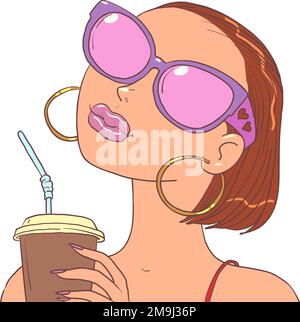 Une fille dans les verres originaux boit une boisson et pense à l'achat. Consommateur potentiel d'un service ou d'une offre. Illustration de Vecteur