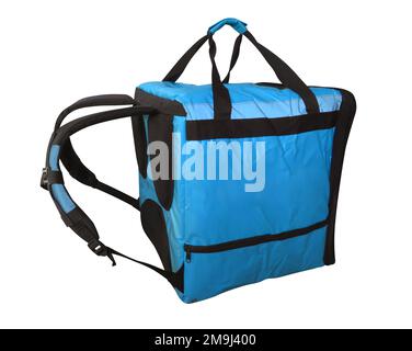 Refroidisseur de sac bleu pour le transport et le stockage de produits isolés sur fond blanc avec passe-cheveux Banque D'Images