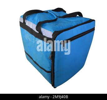 Refroidisseur de sac bleu pour le transport et le stockage de produits isolés sur fond blanc avec passe-cheveux Banque D'Images