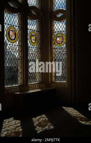 Des nobles écossais, un tué avec son roi combattant les Anglais lors de la bataille de Flodden en 1513, se sont rappelés dans des vitraux héraldiques modernes dans les fenêtres au plomb de l'est du Grand Hall du château de Stirling, dans le centre de l'Écosse, au Royaume-Uni. Le Hall, qui abritait autrefois le Parlement écossais, a été construit vers 1503 et a été entièrement restauré en 1999 après une longue utilisation comme caserne de l'armée. Banque D'Images