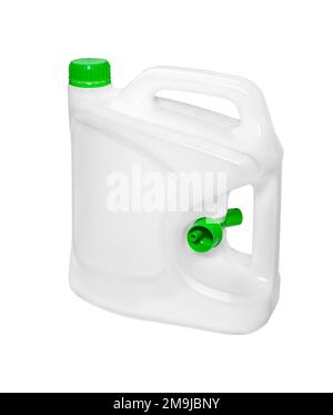 Réservoir en plastique vide isolé sur fond blanc. Réservoir de carburant avec goutte d'essence. Banque D'Images