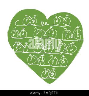 J'aime le cyling, le transport vert, le linéart. Illustration de bicyccles en forme de coeur vert. Mise en plan de ligne continue.isolé sur fond blanc. Illustration de Vecteur